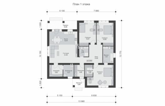 Одноэтажный дом с террасой, тремя спальнями и отделкой штукатуркой